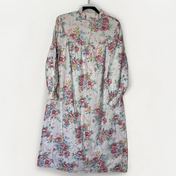 Vintage Mervyns Partners Pink Floral Long Flannel Nightgown L Cottagecore Ruffle - Picture 1 of 9